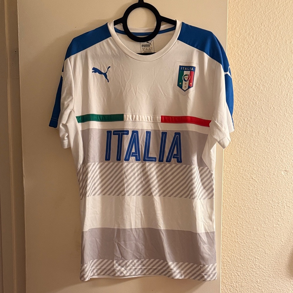 Puma White Italia Soccer Jersey with Blue Accents and Tricolor Stripe